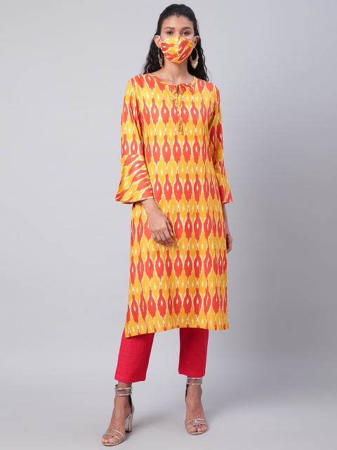 

Sringam Women Mustard Yellow & Rust Orange Printed Straight Kurta With Mask