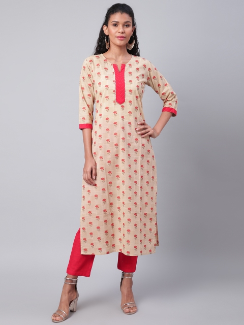 

Sringam Women Beige & Red Printed Kurta with Trousers