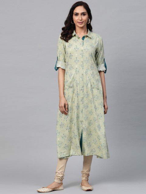 

AHIKA Women Green & Golden Printed A-Line Kurta