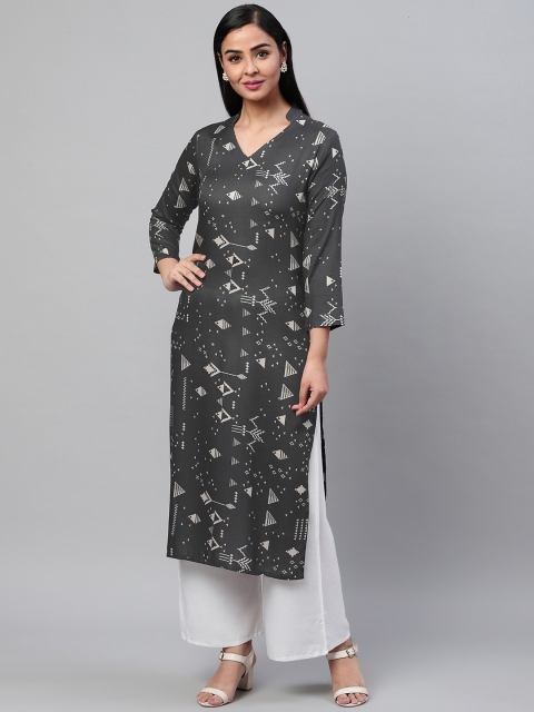 

AHIKA Women Black & White Printed Straight Kurta
