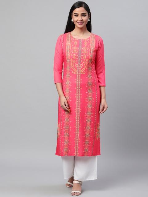 

AHIKA Women Pink & Yellow Printed Straight Kurta