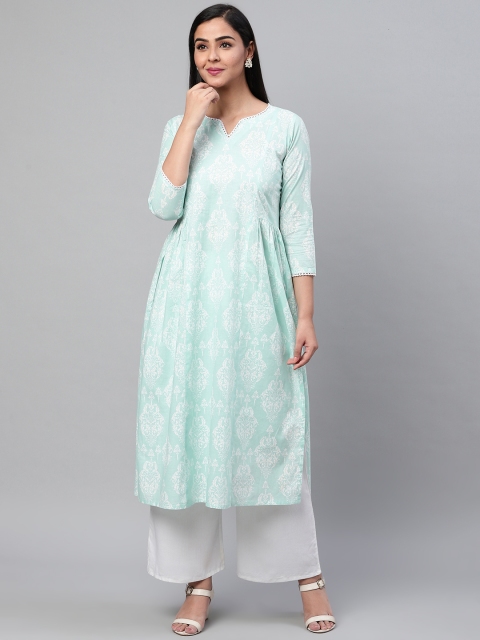 

AHIKA Women Blue & White Printed Pleated A-Line Kurta