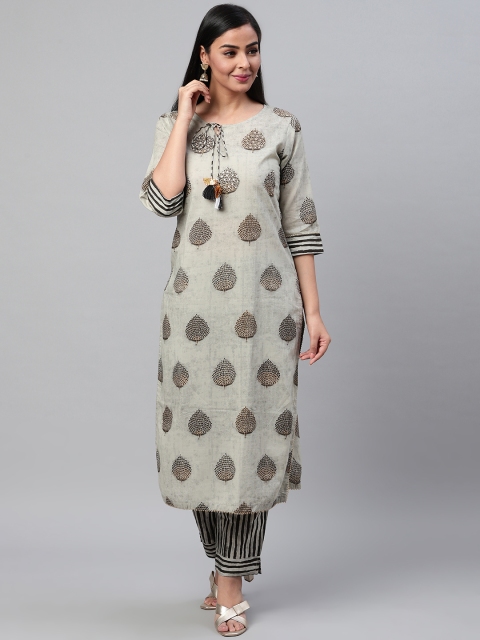 

AHIKA Women Grey & Coffee Brown Printed Kurta with Trousers