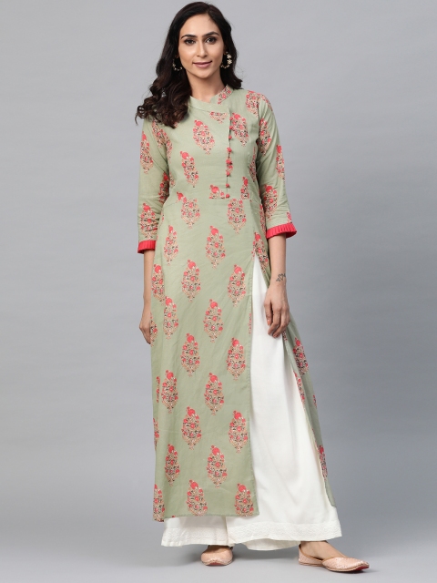 

AHIKA Women Green & Pink Floral Printed High Slit A-Line Kurta