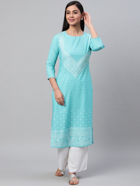 

AHIKA Women Blue & White Geometric Print Straight Kurta