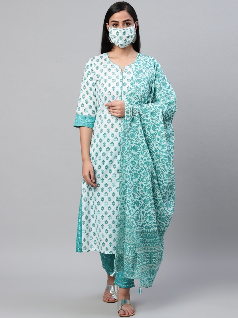 

AHIKA Women White Blue Printed Kurta with Trousers Dupatta