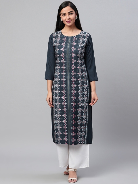 

AHIKA Women Navy Blue & Pink Printed Straight Kurta
