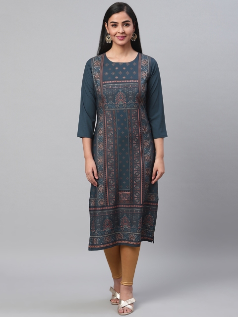 

AHIKA Women Blue & Brown Printed Straight Kurta