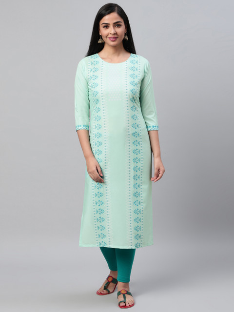 

AHIKA Women Sea Green & White Printed Straight Kurta