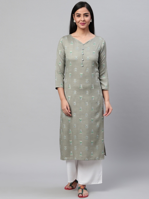 Women Grey & Green Ethnic Print Straight Kurta