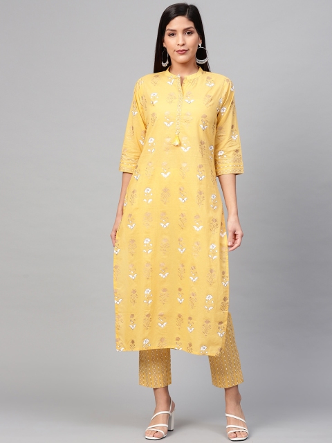 

AHIKA Women Yellow & Golden Printed Kurta with Trousers