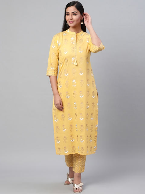 

AHIKA Women Yellow & Golden Printed Kurta with Trousers
