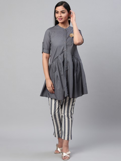

AHIKA Women Charcoal Grey & White Printed Kurti with Trousers