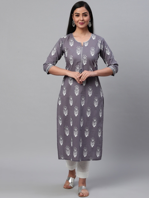 

AHIKA Women Charcoal Grey & White Printed Kurta with Trousers