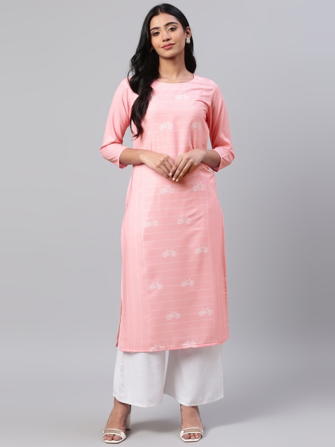 

AHIKA Women Pink & White Quirky Printed Straight Kurta