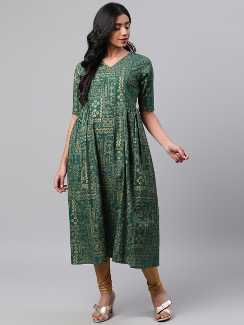 

AHIKA Women Green & Golden Printed A-Line Kurta