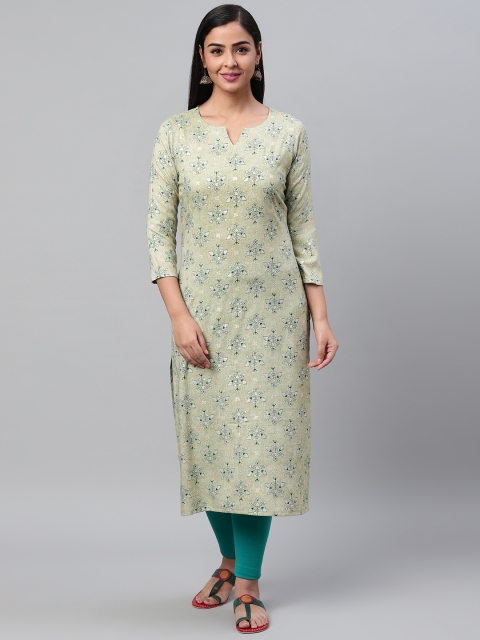 

AHIKA Women Green & Golden Printed Straight Kurta