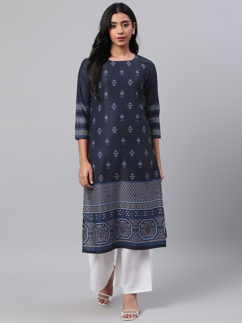 

AHIKA Women Navy Blue & White Printed Straight Kurta