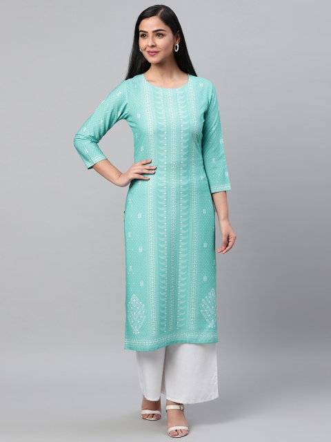 

AHIKA Women Sea Green & White Printed Straight Kurta