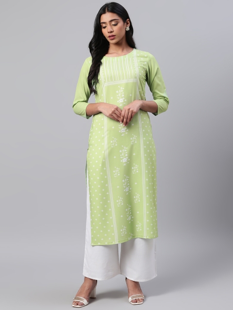 

AHIKA Women Green & White Printed Straight Kurta