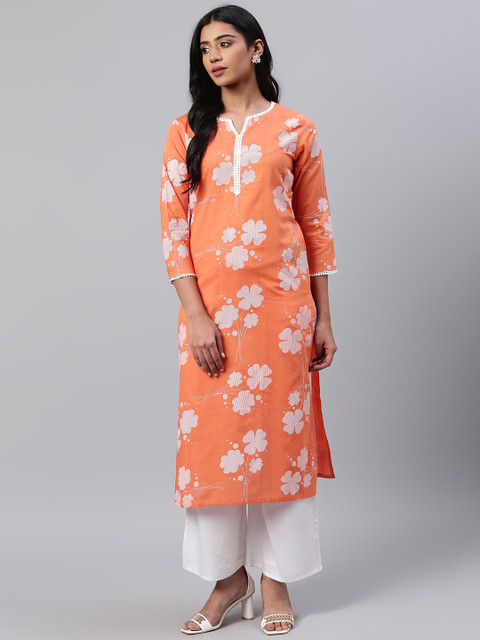 

AHIKA Women Orange & White Floral Printed Straight Kurta