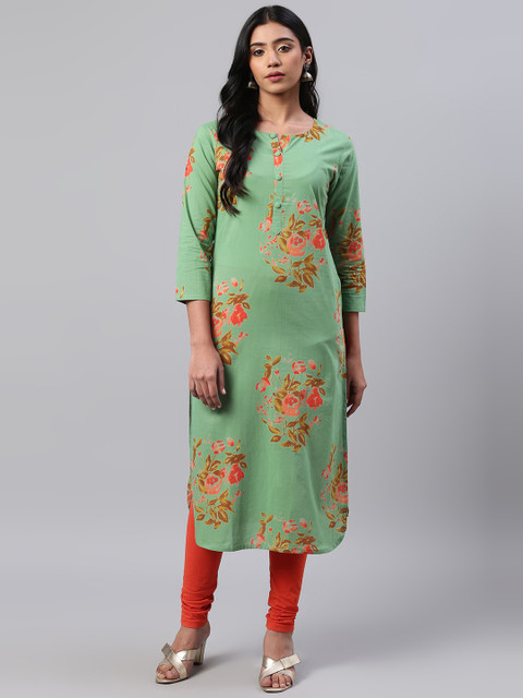 

AHIKA Women Green & Orange Floral Printed Straight Kurta