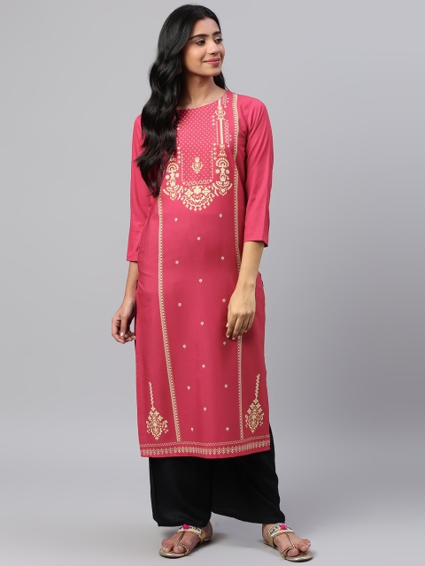 

AHIKA Women Pink & Yellow Printed Straight Kurta