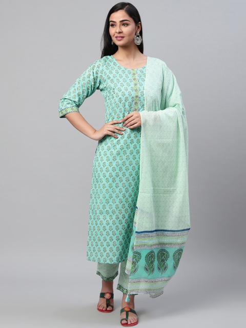 

AHIKA Women Green & White Printed Kurta with Trousers & Dupatta