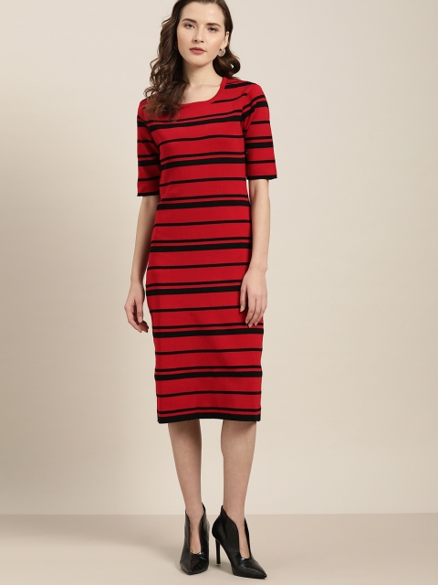 

her by invictus Women Red & Black Striped Sheath Dress