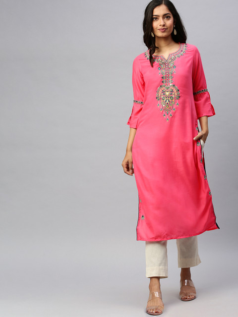 

Ishin Women Pink Embroidered Mirror Work Straight Kurta