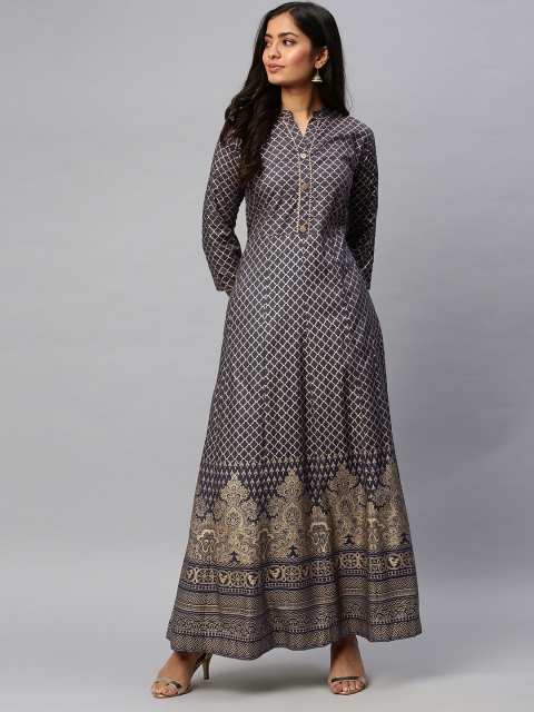 

Ishin Women Grey & Gold-Toned Foil Printed A-Line Ankle Length Kurta