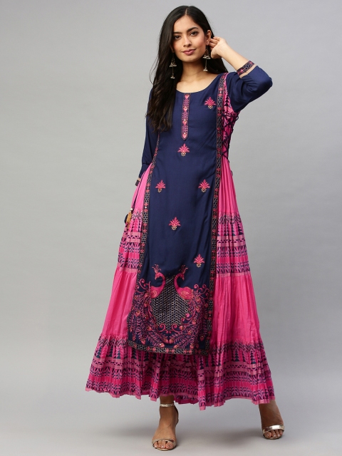 

Ishin Women Navy Blue & Pink Embroidered Layered A-Line Kurta with Mirror Work