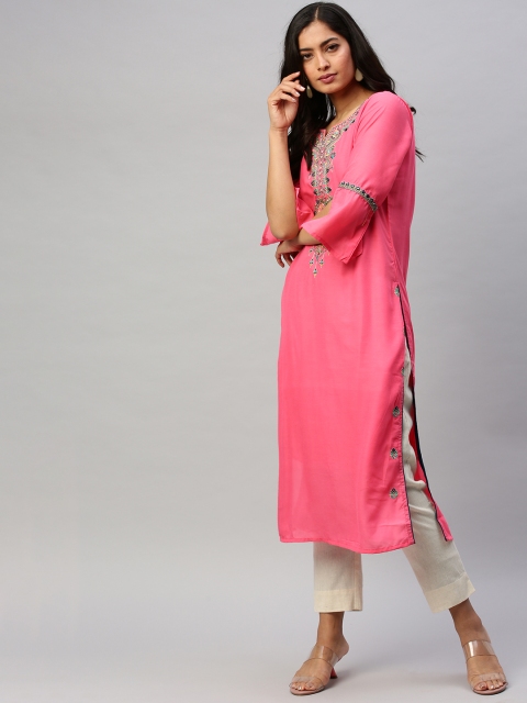 

Ishin Women Pink Yoke Design Straight Kurta with Mirror Work