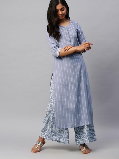 

Ishin Women Blue & White Striped Kurta with Palazzos