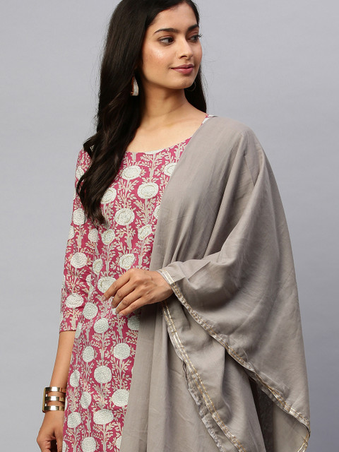 

Ishin Women Pink & Grey Printed Kurta with Palazzos & Dupatta
