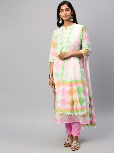 

Ishin Women White & Pink Printed Kurta with Trousers & Dupatta