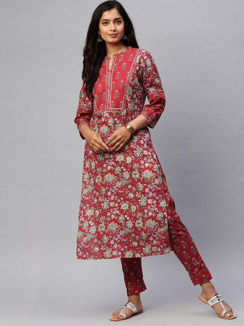

Ishin Women Red & White Block Print Kurta with Trousers
