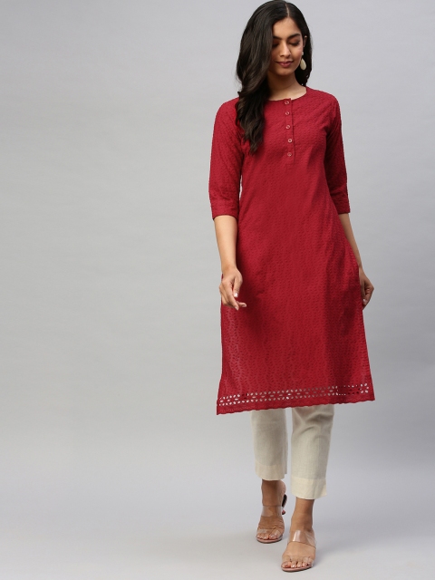 

Ishin Women Red Schiffli Embroidered Straight Kurta
