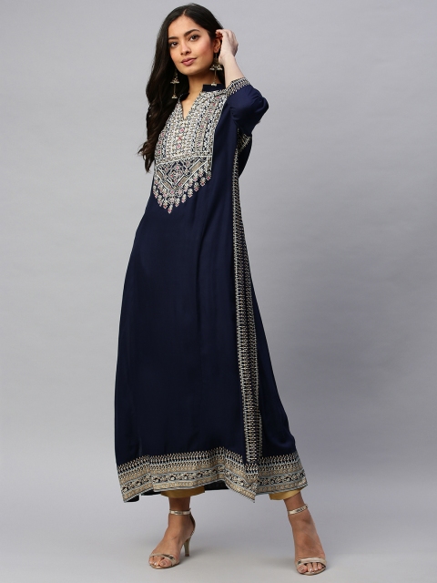 

Ishin Women Navy Blue & Red Embellished Mirror Work A-Line Kurta