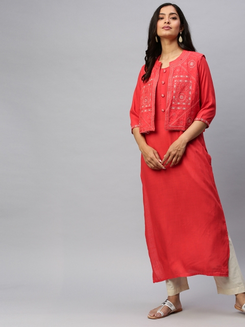 

Ishin Women Red Solid Straight Kurta with Ethnic Jacket
