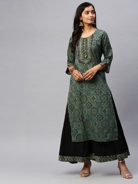 

Ishin Women Green & Black Printed Sequinned Kurta with Sharara