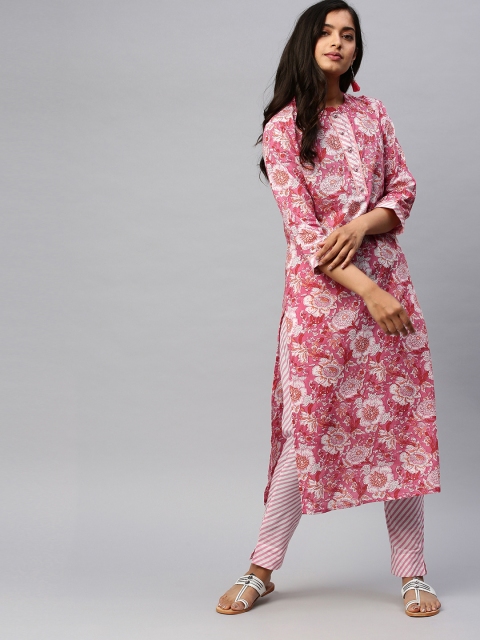 

Ishin Women Pink & White Floral Printed Kurta with Trousers