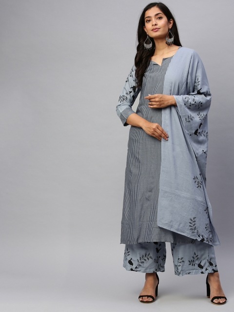 

Ishin Women Grey & Black Striped Kurta with Palazzos & Dupatta