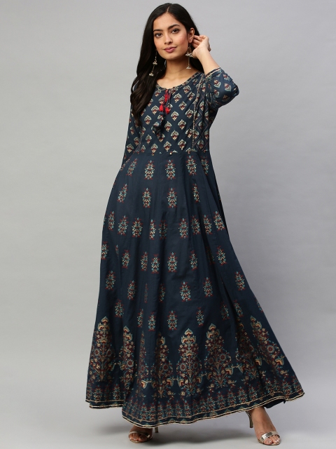 

Ishin Women Navy Blue & Golden Printed A-Line Kurta with Sequins