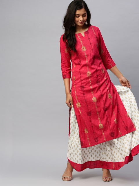 

Ishin Women Coral Red & White Foil Printed Kurta with Skirt