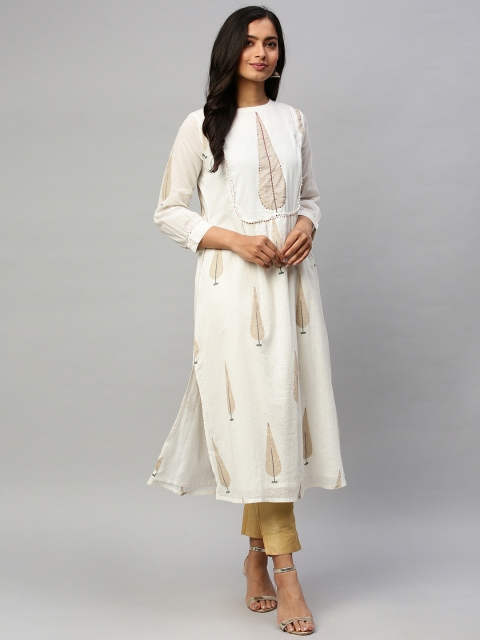 

Ishin Women Off-White & Golden Printed A-Line Kurta with Sequins & Pompoms