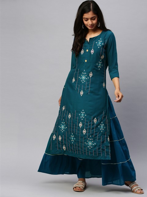 

Ishin Women Blue Embroidered Kurta with Skirt