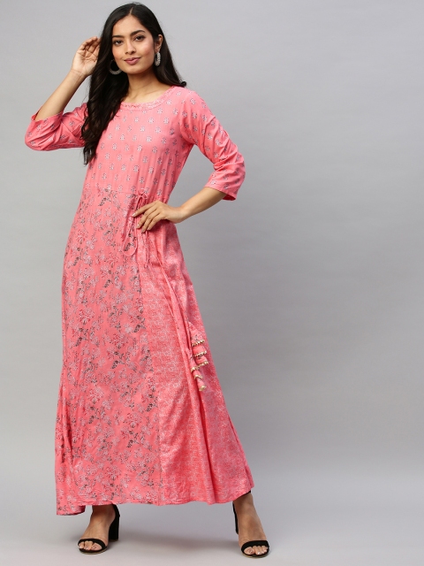 

Ishin Women Pink & Red Printed A-Line Kurta with Tie-Up Detailing