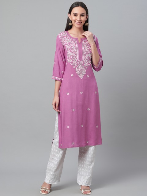 

akheri Women Purple & White Chikankari Embroidered Straight Kurta