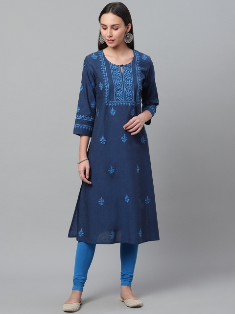 

akheri Women Navy Blue Chikankari Embroidered Handloom Straight Kurta